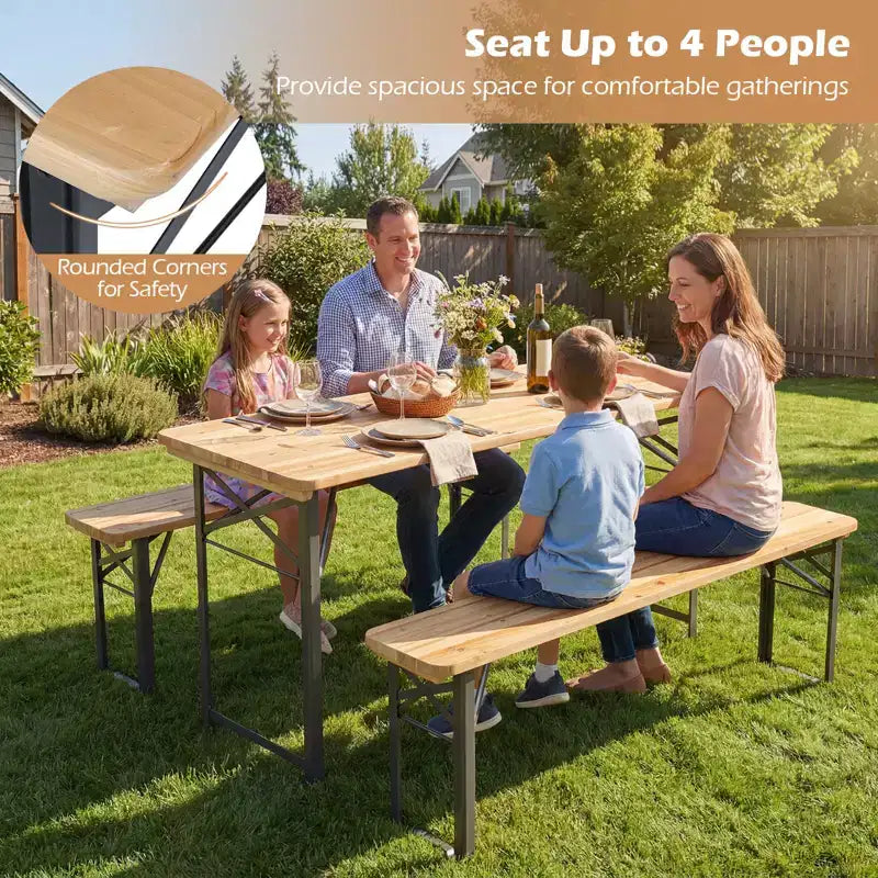 Gymax 3PCS Folding Picnic Table w/ Benches Seats & Metal Frame for Garden Patio