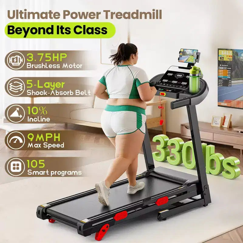 Folding Treadmill with 10% Incline for Home, Quiet Brushless Motor, 330 lb Capacity, App Control