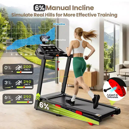 Tapis de course silencieux 3,75 CV avec inclinaison, vitesse de 1 à 16 km/h, capacité de 150 kg, écran LED et Bluetooth
