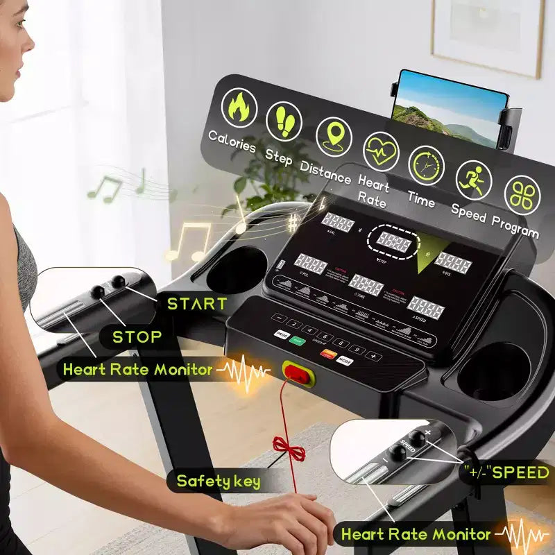 Tapis de course silencieux 3,75 CV avec inclinaison, vitesse de 1 à 16 km/h, capacité de 150 kg, écran LED et Bluetooth