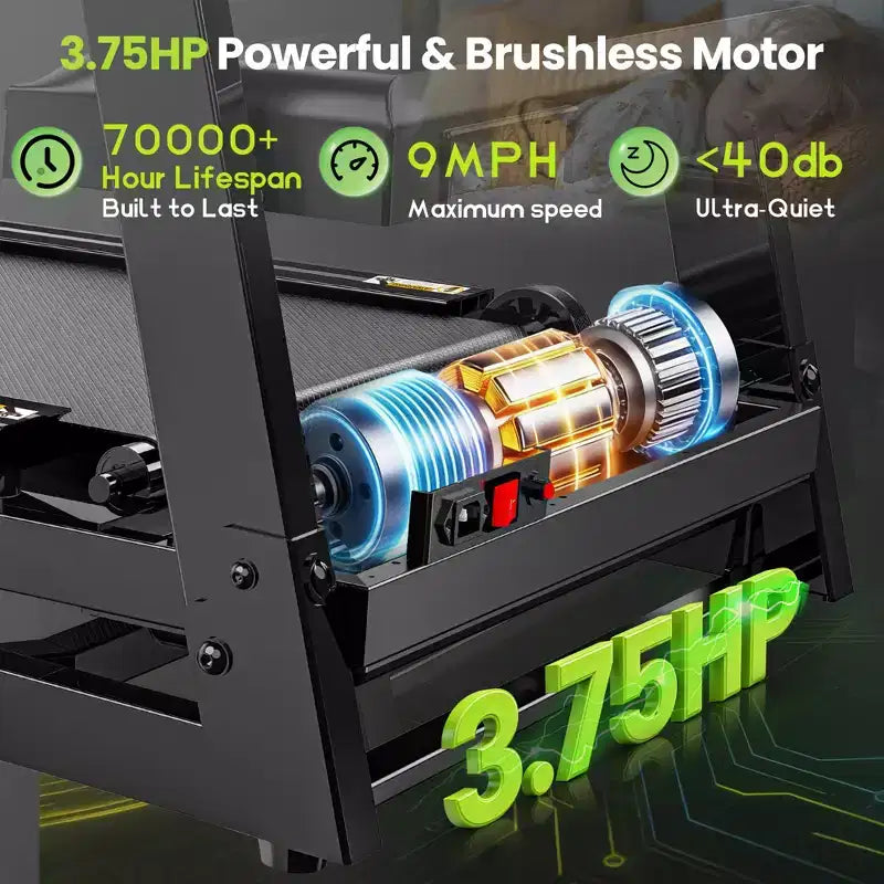 Tapis de course silencieux 3,75 CV avec inclinaison, vitesse de 1 à 16 km/h, capacité de 150 kg, écran LED et Bluetooth