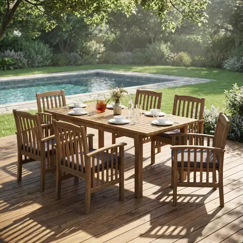 Christopher Knight Home Rasmus Modern 7 Piece Patio Acacia Dining Set with Expandable Slatted Table and Cushion