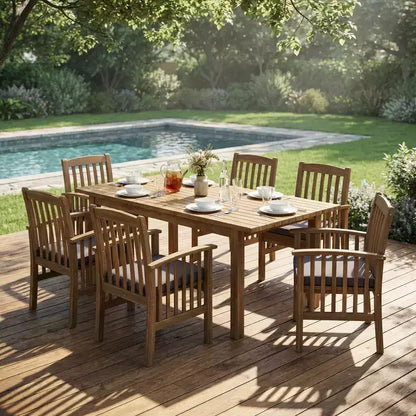 Christopher Knight Home Rasmus Modern 7 Piece Patio Acacia Dining Set with Expandable Slatted Table and Cushion