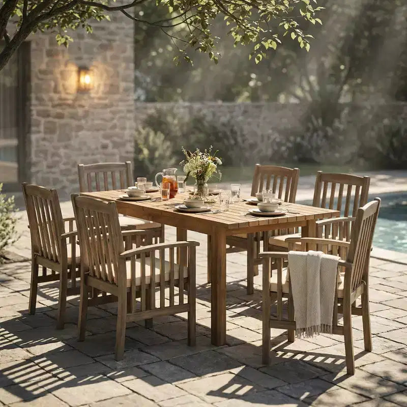 Christopher Knight Home Rasmus Modern 7 Piece Patio Acacia Dining Set with Expandable Slatted Table and Cushion