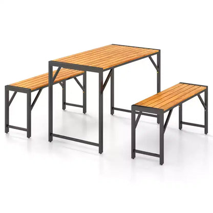 Gymax 3-Piece Outdoor Dining Set for 4 Featuring Wood Picnic Table & 2 Benches for Patios and Gardens
