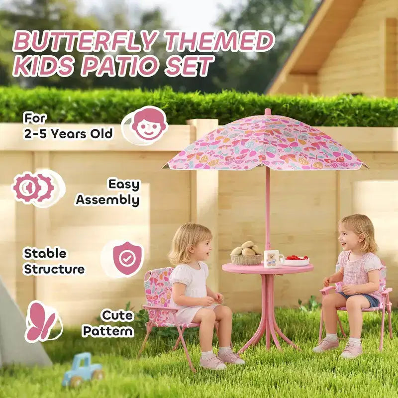 Kids Outdoor Picnic Table and Chair Set with Butterfly Umbrella 3-Piece Pink
