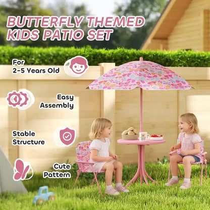 Kids Outdoor Picnic Table and Chair Set with Butterfly Umbrella 3-Piece Pink