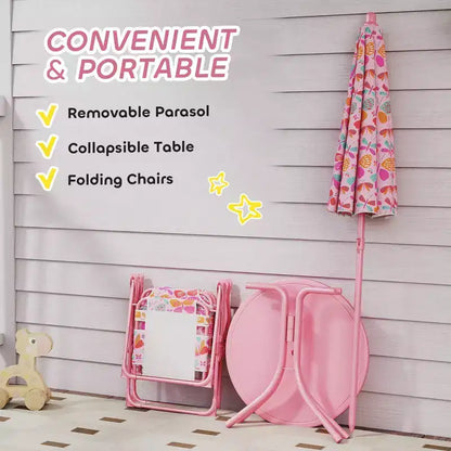 Kids Outdoor Picnic Table and Chair Set with Butterfly Umbrella 3-Piece Pink