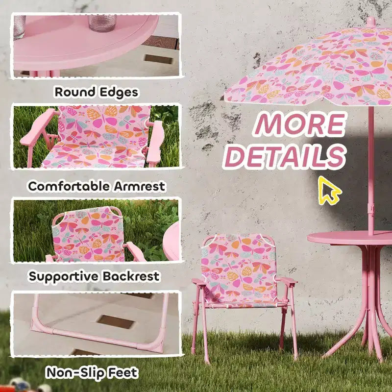 Kids Outdoor Picnic Table and Chair Set with Butterfly Umbrella 3-Piece Pink
