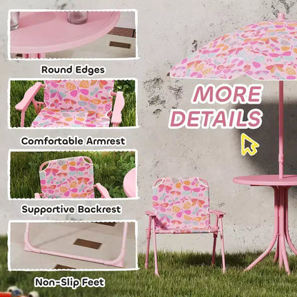 Kids Outdoor Picnic Table and Chair Set with Butterfly Umbrella 3-Piece Pink