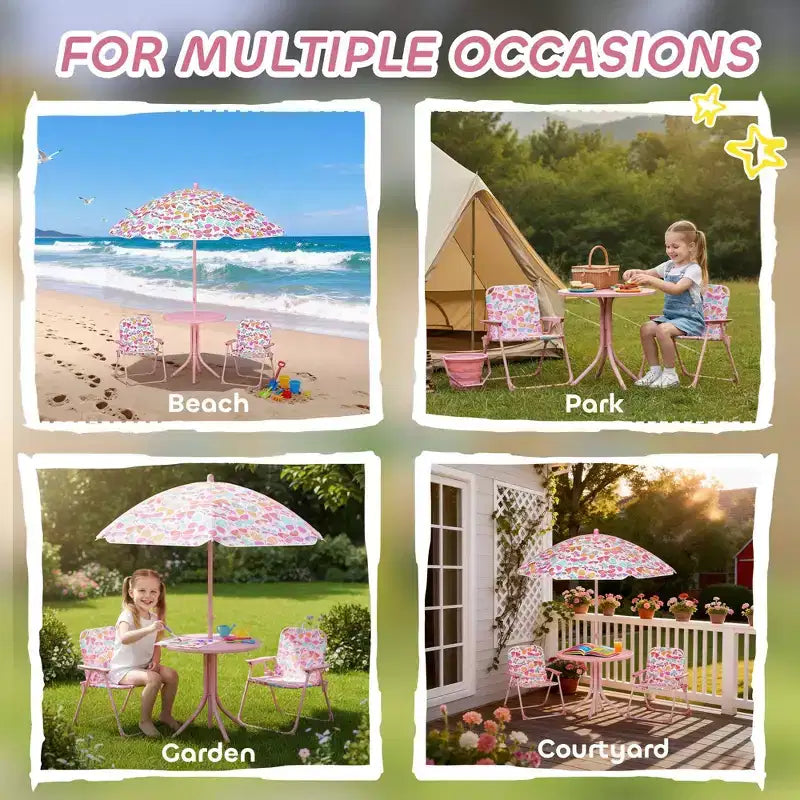 Kids Outdoor Picnic Table and Chair Set with Butterfly Umbrella 3-Piece Pink
