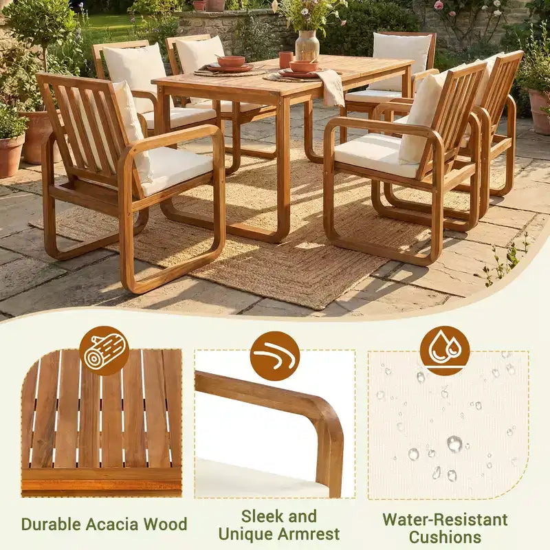 Ensemble de salle à manger de patio 7 pièces en acacia Polibi avec fauteuils à bras courbés