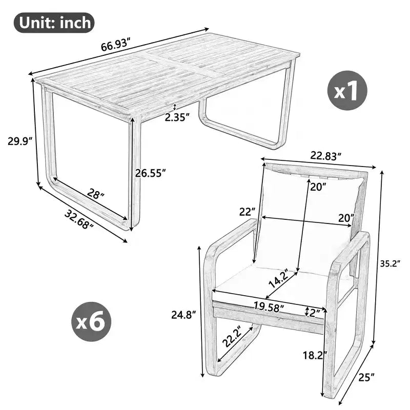 Ensemble de salle à manger de patio 7 pièces en acacia Polibi avec fauteuils à bras courbés