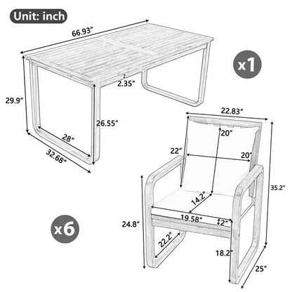 Ensemble de salle à manger de patio 7 pièces en acacia Polibi avec fauteuils à bras courbés