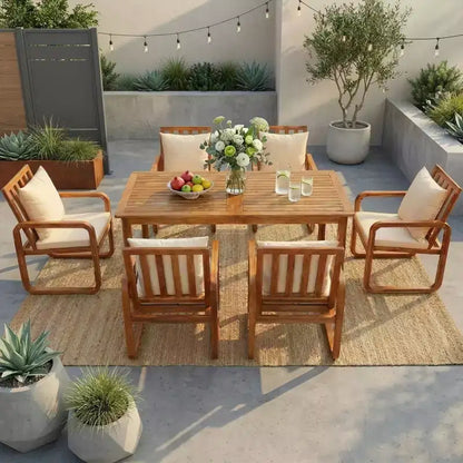 Ensemble de salle à manger de patio 7 pièces en acacia Polibi avec fauteuils à bras courbés