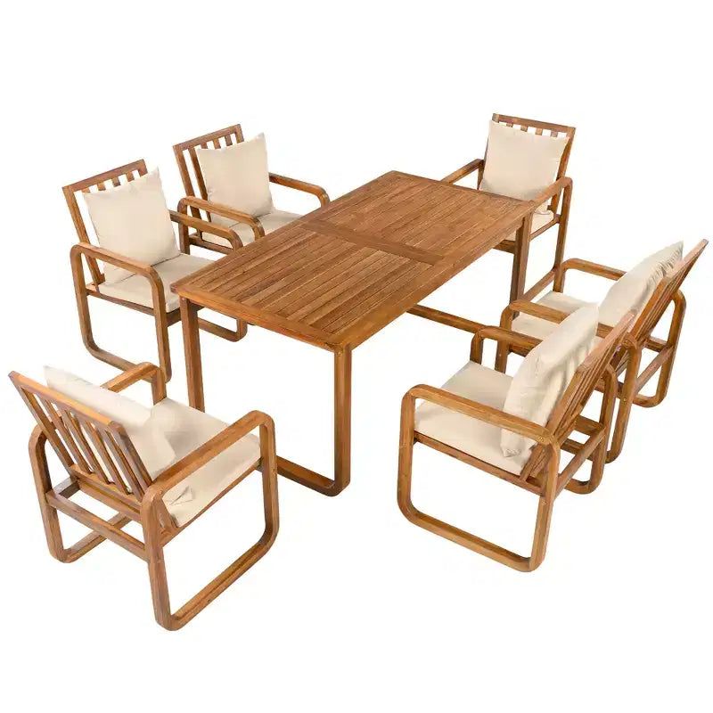 Ensemble de salle à manger de patio 7 pièces en acacia Polibi avec fauteuils à bras courbés