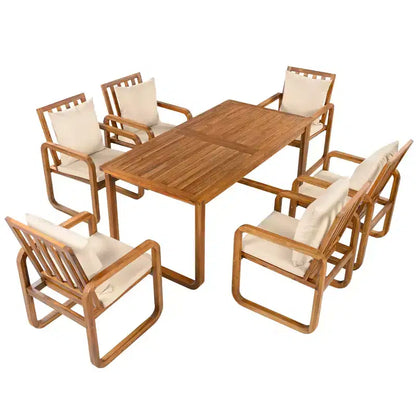 Ensemble de salle à manger de patio 7 pièces en acacia Polibi avec fauteuils à bras courbés