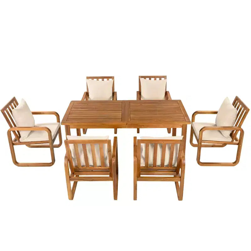 Ensemble de salle à manger de patio 7 pièces en acacia Polibi avec fauteuils à bras courbés