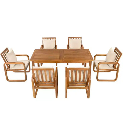 Ensemble de salle à manger de patio 7 pièces en acacia Polibi avec fauteuils à bras courbés