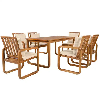 Ensemble de salle à manger de patio 7 pièces en acacia Polibi avec fauteuils à bras courbés