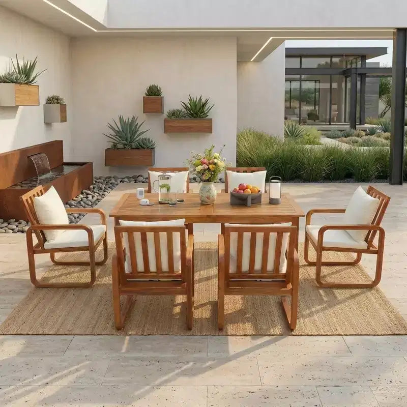 Ensemble de salle à manger de patio 7 pièces en acacia Polibi avec fauteuils à bras courbés