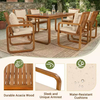 Ensemble de salle à manger de patio 7 pièces en acacia Polibi avec fauteuils à bras courbés