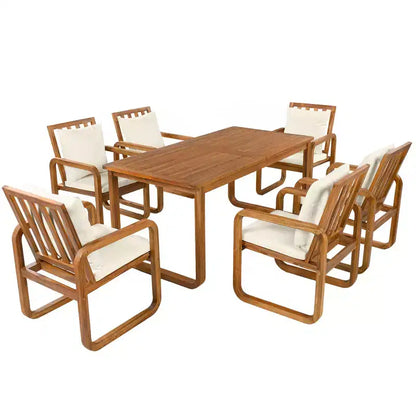 Ensemble de salle à manger de patio 7 pièces en acacia Polibi avec fauteuils à bras courbés