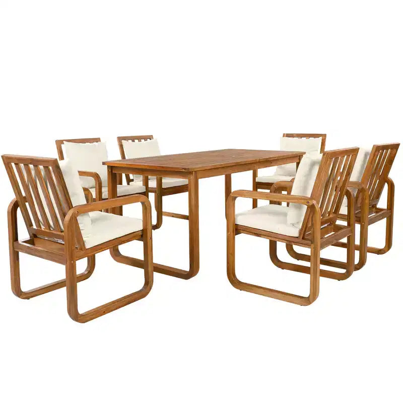 Ensemble de salle à manger de patio 7 pièces en acacia Polibi avec fauteuils à bras courbés