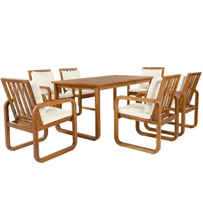 Ensemble de salle à manger de patio 7 pièces en acacia Polibi avec fauteuils à bras courbés