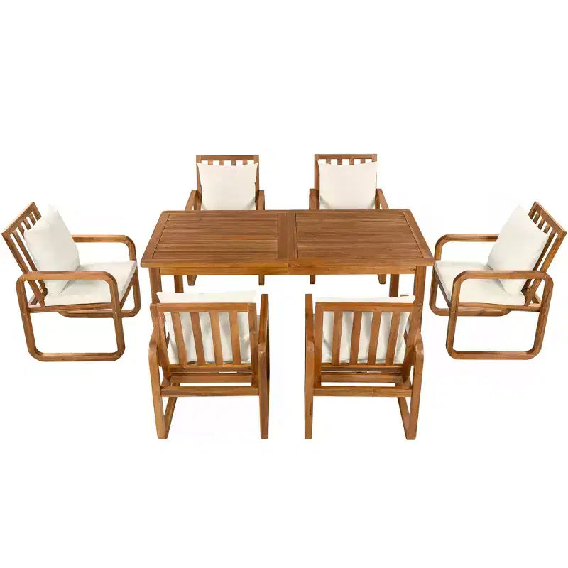 Ensemble de salle à manger de patio 7 pièces en acacia Polibi avec fauteuils à bras courbés