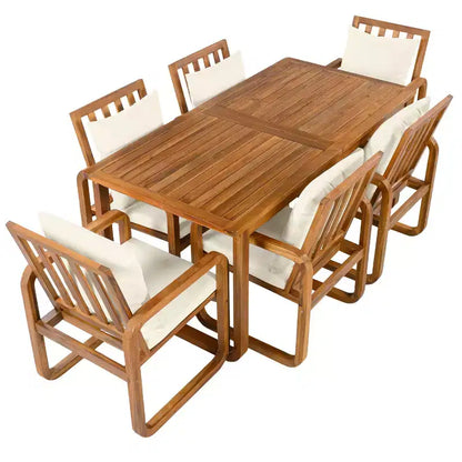 Ensemble de salle à manger de patio 7 pièces en acacia Polibi avec fauteuils à bras courbés