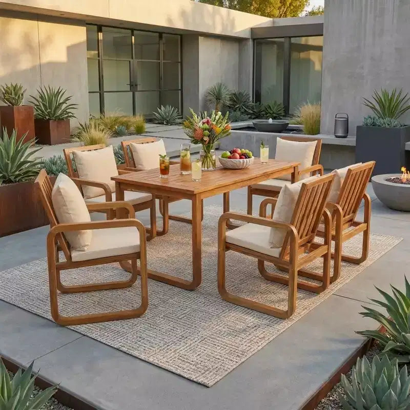 Ensemble de salle à manger de patio 7 pièces en acacia Polibi avec fauteuils à bras courbés