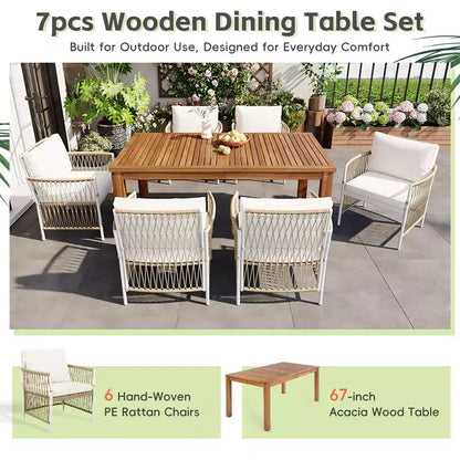 GDFStudio Nicolas, ensemble de salle à manger 7 pièces pour patio en bois et métal avec fauteuils en rotin tressé à la main