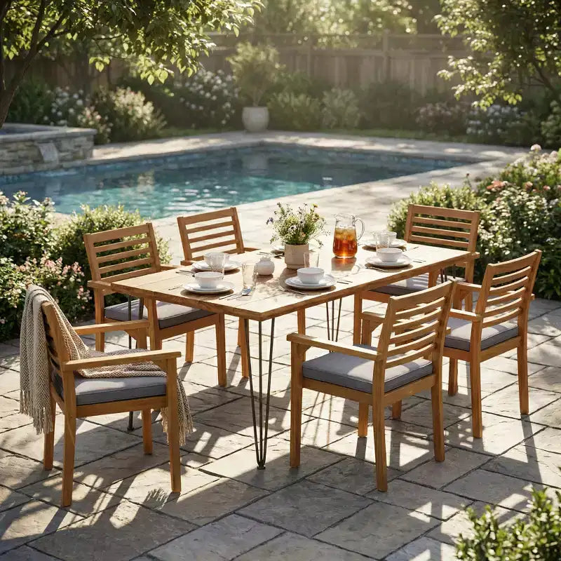Christopher Knight Home Ensemble de salle à manger d'extérieur rustique irlandais 7 pièces en bois d'acacia avec coussins