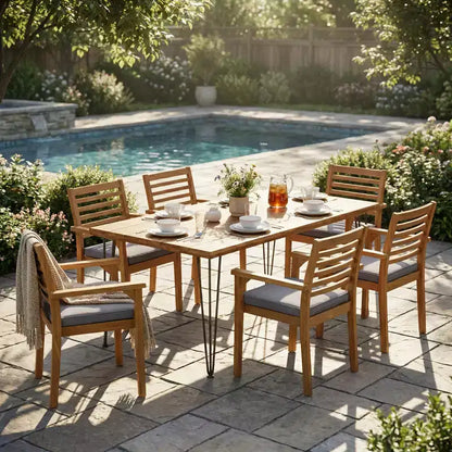 Christopher Knight Home Ensemble de salle à manger d'extérieur rustique irlandais 7 pièces en bois d'acacia avec coussins