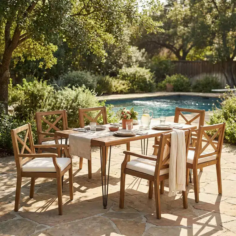 Christopher Knight Home Mille Rustic 7 Piece Patio Acacia Wood Dining Set with Cushions