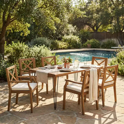 Christopher Knight Home Mille Rustic 7 Piece Patio Acacia Wood Dining Set with Cushions