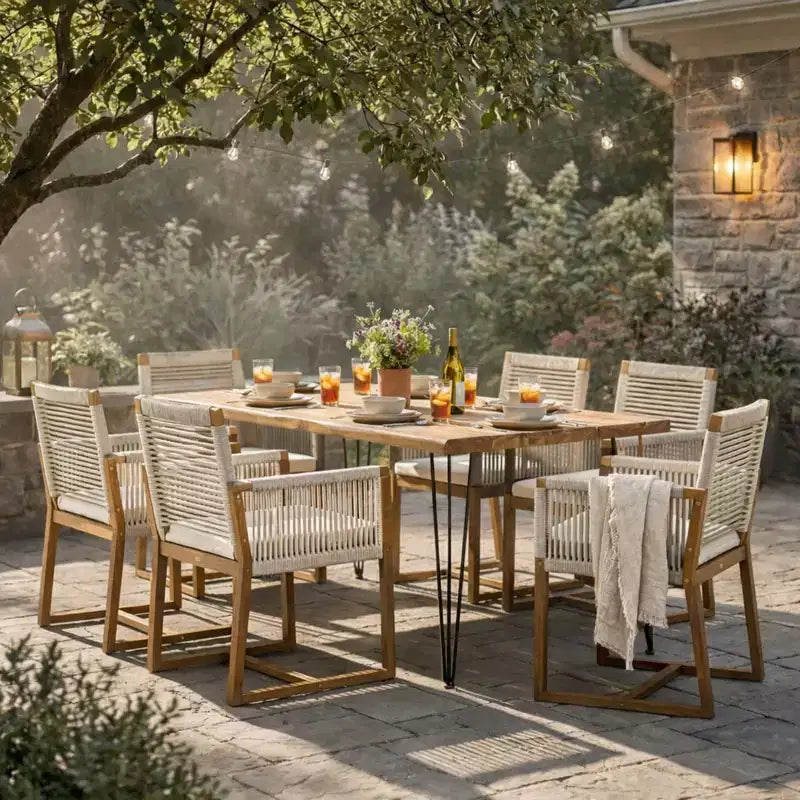 Christopher Knight Home Cristi Modern 7 Piece Patio Acacia Dining Set with Slatted Table, Iron Legs and Rope Design