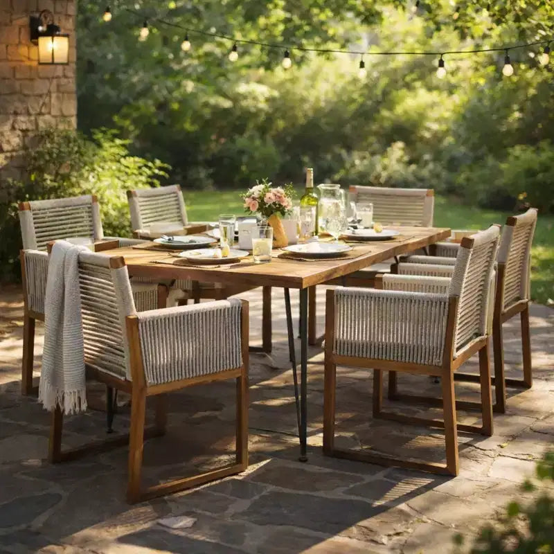 Christopher Knight Home Cristi Modern 7 Piece Patio Acacia Dining Set with Slatted Table, Iron Legs and Rope Design