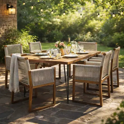 Christopher Knight Home Cristi Modern 7 Piece Patio Acacia Dining Set with Slatted Table, Iron Legs and Rope Design