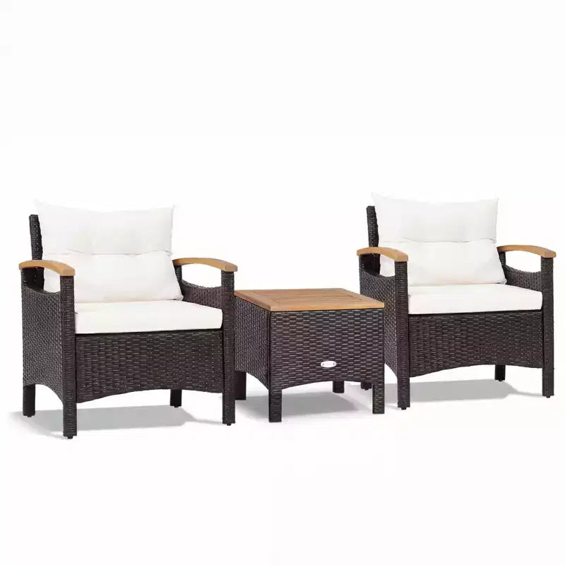Gymax 3PC Outdoor Bistro Furniture Set w/ Armrests Acacia Wood Tabletop Table White Cushion for Garden Backyard