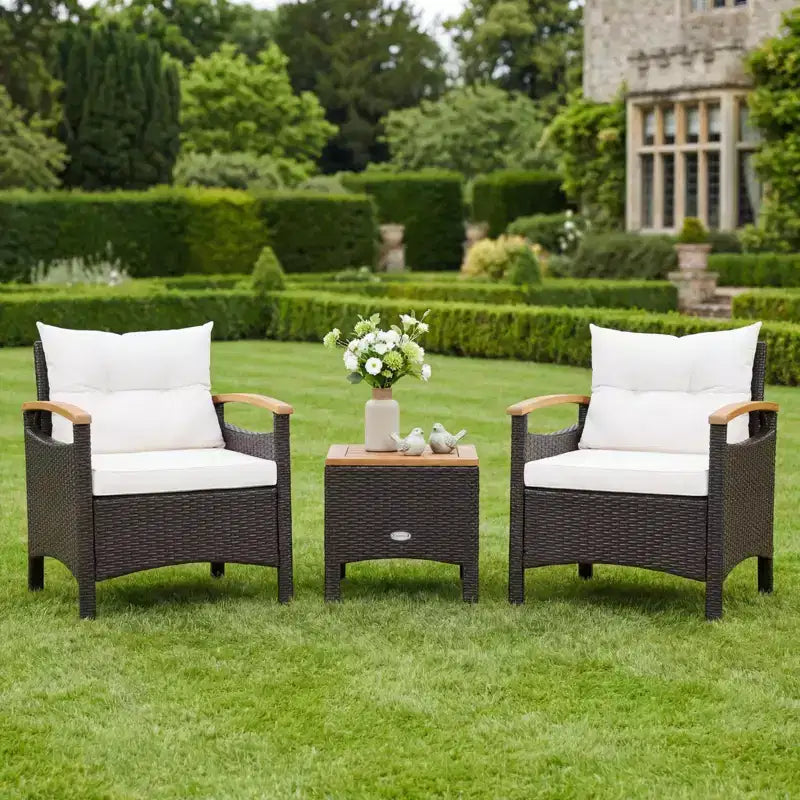 Gymax 3PC Outdoor Bistro Furniture Set w/ Armrests Acacia Wood Tabletop Table White Cushion for Garden Backyard