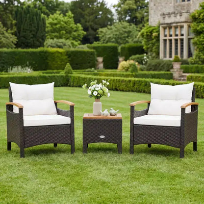 Gymax 3PC Outdoor Bistro Furniture Set w/ Armrests Acacia Wood Tabletop Table White Cushion for Garden Backyard