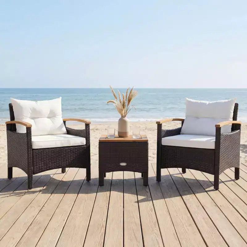 Gymax 3PC Outdoor Bistro Furniture Set w/ Armrests Acacia Wood Tabletop Table White Cushion for Garden Backyard
