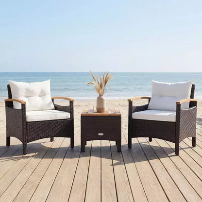 Gymax 3PC Outdoor Bistro Furniture Set w/ Armrests Acacia Wood Tabletop Table White Cushion for Garden Backyard