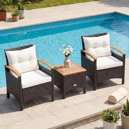 Gymax 3PC Outdoor Bistro Furniture Set w/ Armrests Acacia Wood Tabletop Table White Cushion for Garden Backyard