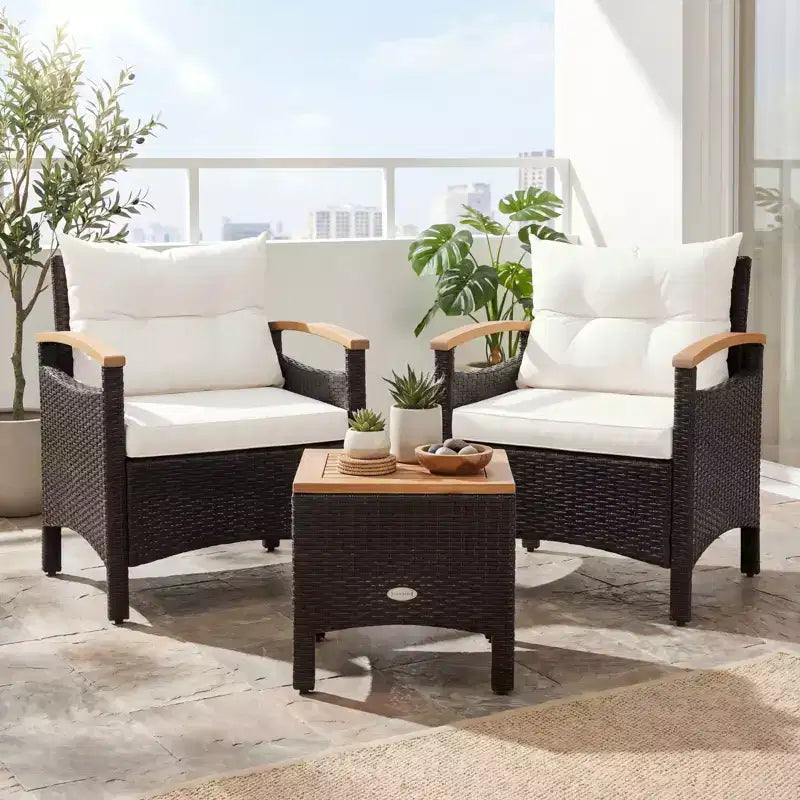 Gymax 3PC Outdoor Bistro Furniture Set w/ Armrests Acacia Wood Tabletop Table White Cushion for Garden Backyard