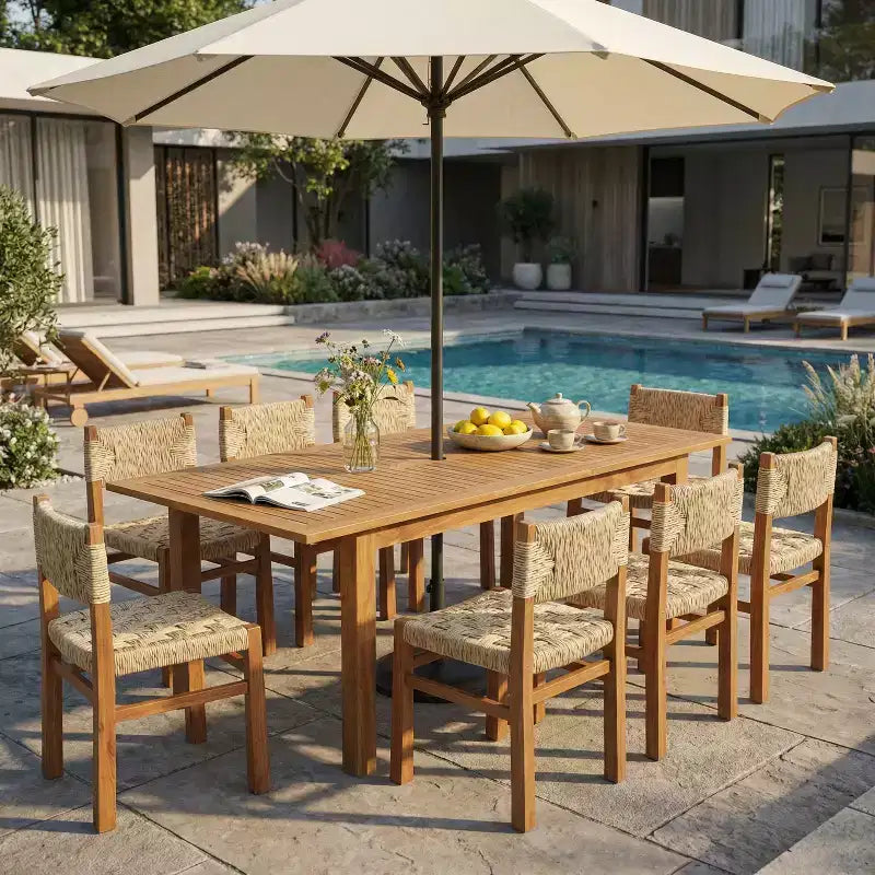 Christopher Knight Home Fineas 9 Piece Boho Outdoor Acacia Wood Dining Set with Expandable Slatted Table and Wicker Design