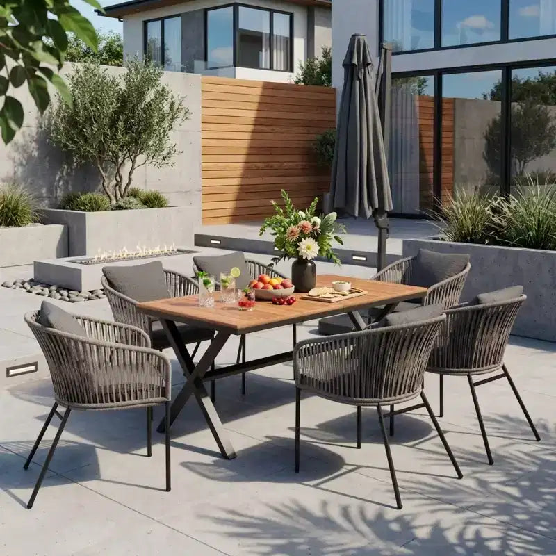 Ensemble de salle à manger d'extérieur 7 pièces Polibi avec plateau de table en bois d'acacia