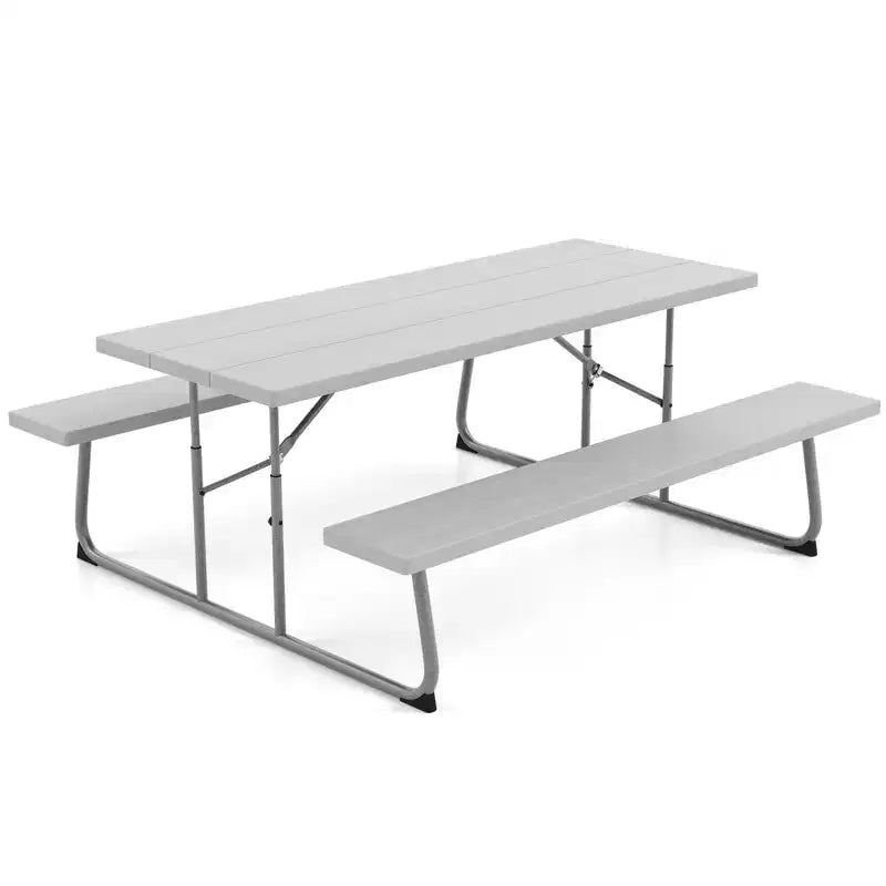 Gymax Folding Picnic Table Set w/ Wood-Like HDPE Tabletop Umbrella Hole 2 Benches Seats Heavy-Duty Metal Frame for Outdoor Black/Gray/Green/White